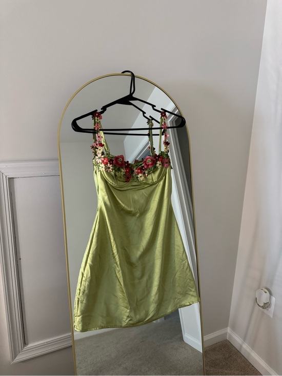 Princess Polly Dresses & Skirts - Princess Polly Green Satin Slip Dress with Floral Embroidered Straps